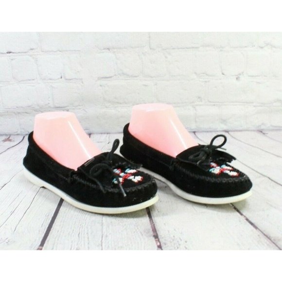 Minnetonka Black Suede Beaded Moccasins Slip On Flat Shoes Size 8 - Picture 3 of 9